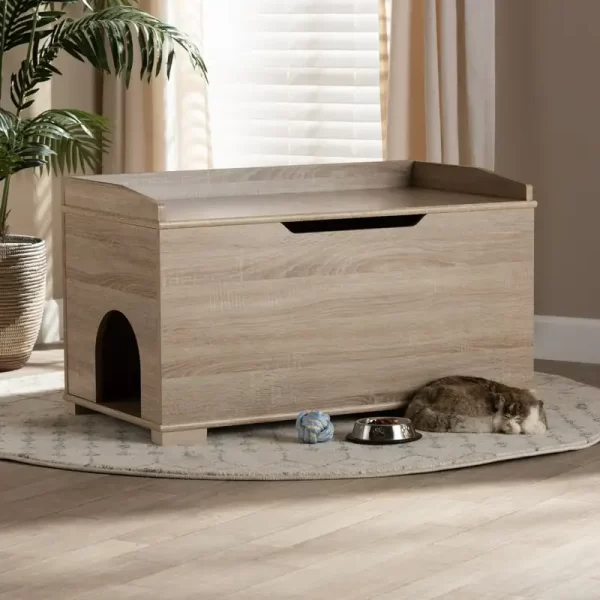 Modern and Contemporary Oak Finished Wood Cat Litter Box Cover House