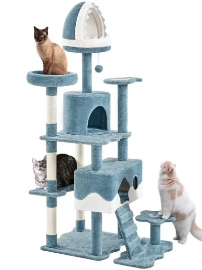 Ocean-themed Cat Tree 72.5 Inch Multi-Level Tower with Shark Mouth Bed