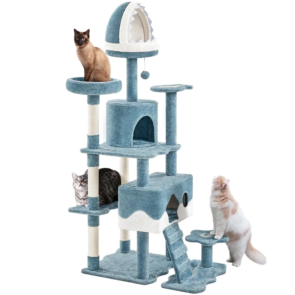 Ocean-themed Cat Tree 72.5 Inch Multi-Level Tower with Shark Mouth Bed