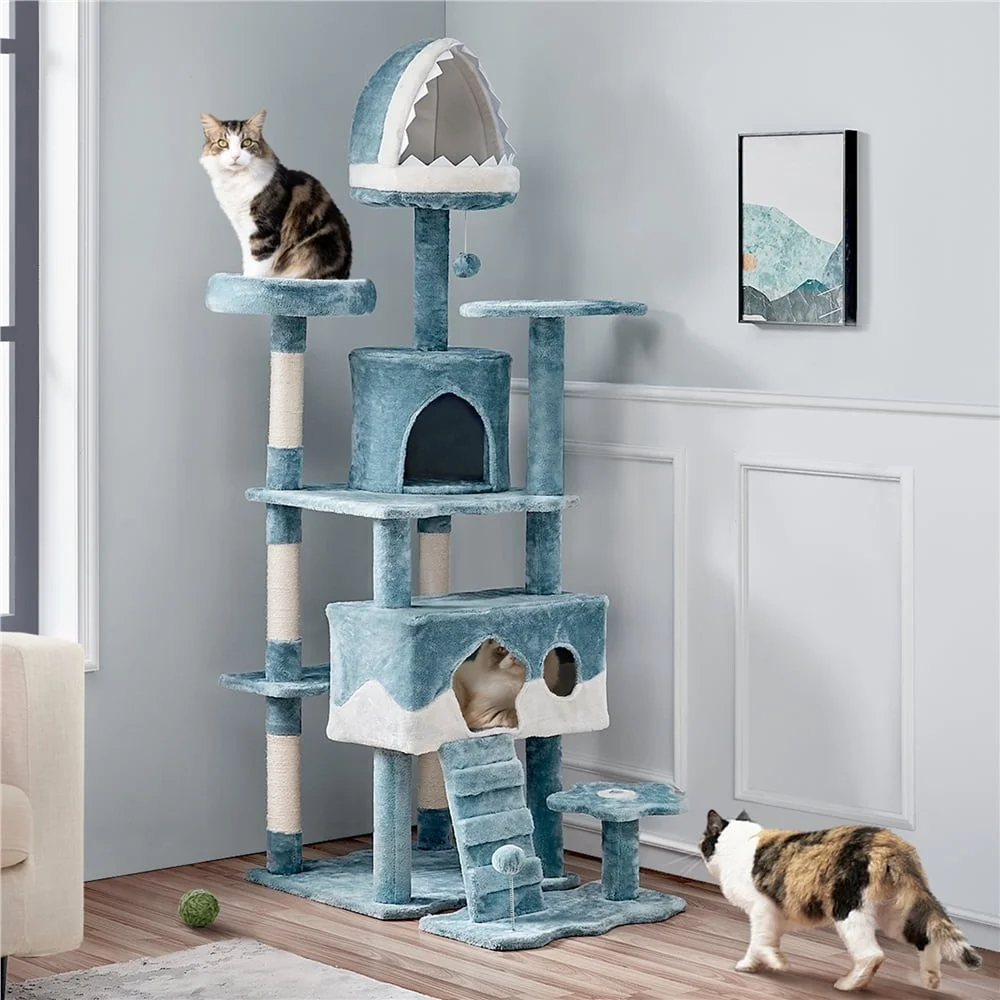 Ocean-themed Cat Tree 72.5 Inch Multi-Level Tower with Shark Mouth Bed - Image 3