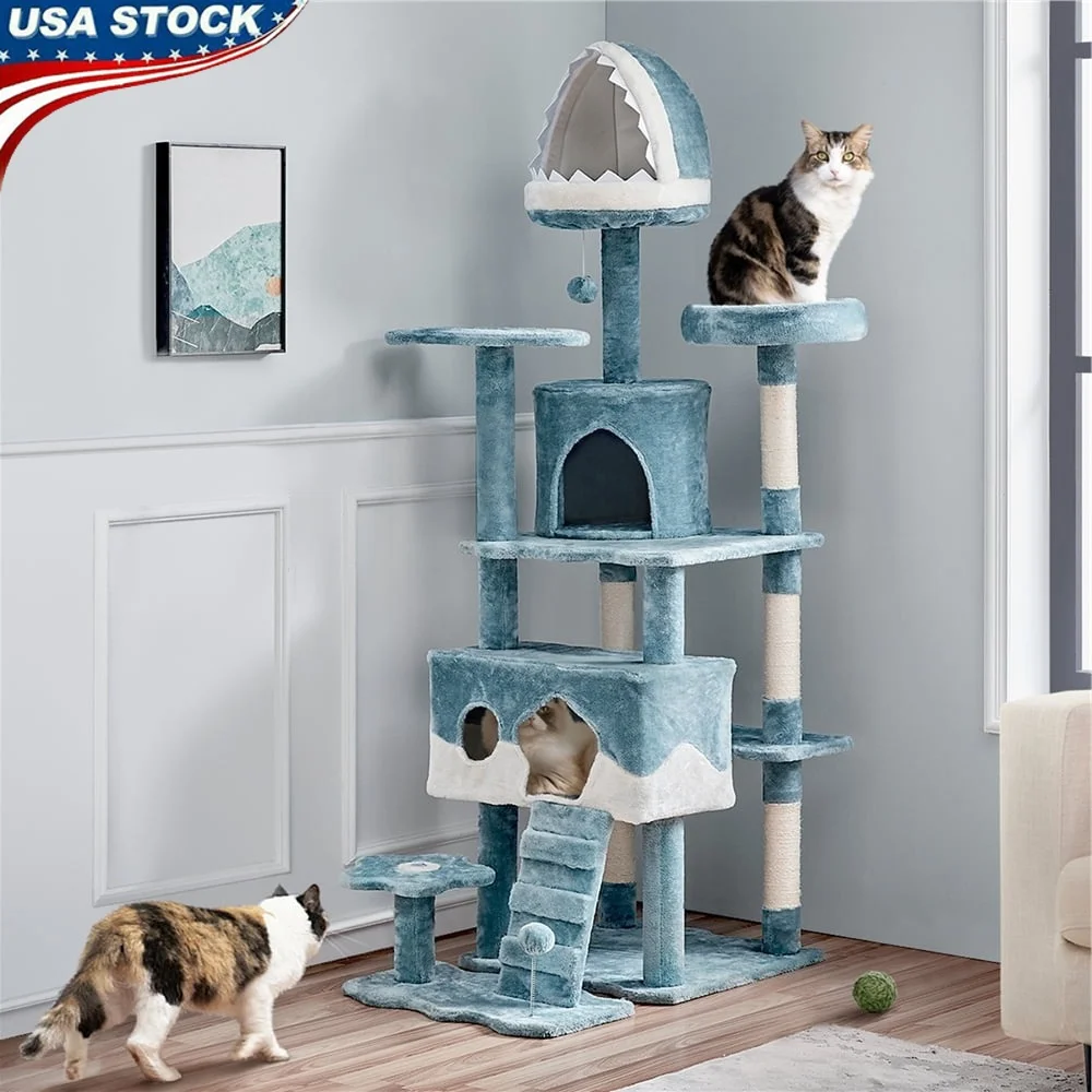 Ocean-themed Cat Tree 72.5 Inch Multi-Level Tower with Shark Mouth Bed - Image 2