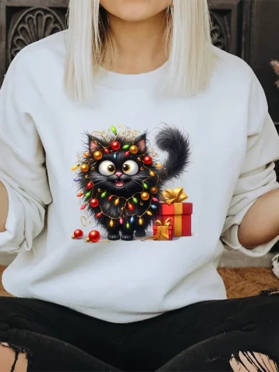Cat Lover Gift for Christmas Women Sweatshirts Cute Fluffy Cats Lights Holiday, Cute Animal Lover Christmas Sweatshirts
