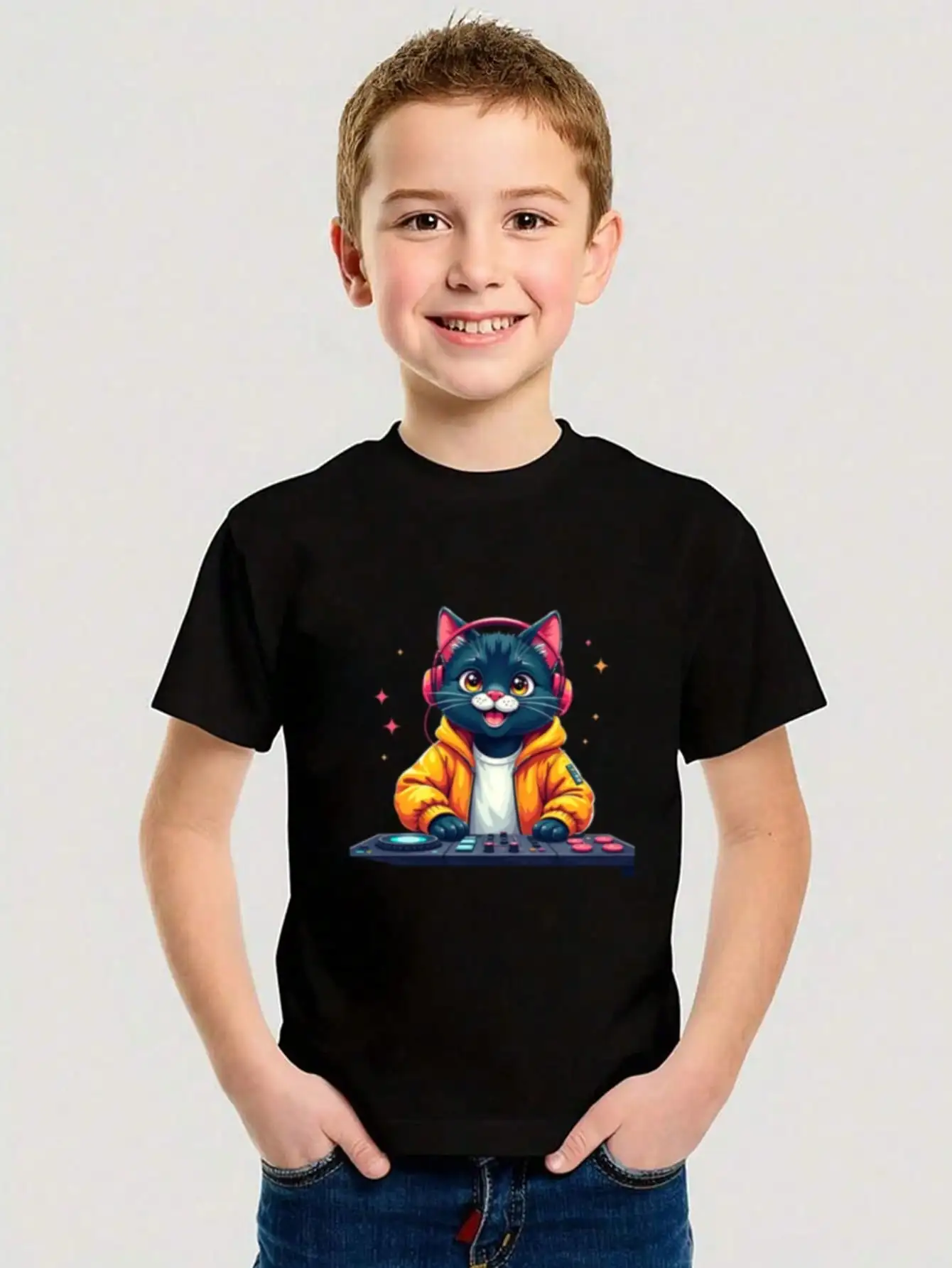 Boys/Girls Summer DJ Cat Cotton Graphic Tees, Black Casual Summer Tops With Cartoon Cat DJ Design