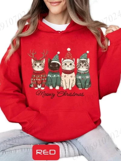 Meowy Christmas Cat Print Women Fashion Hoodies