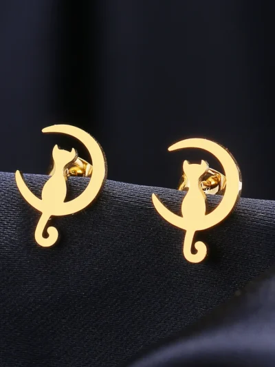 Moon Cat Stainless Steel Stud Earrings