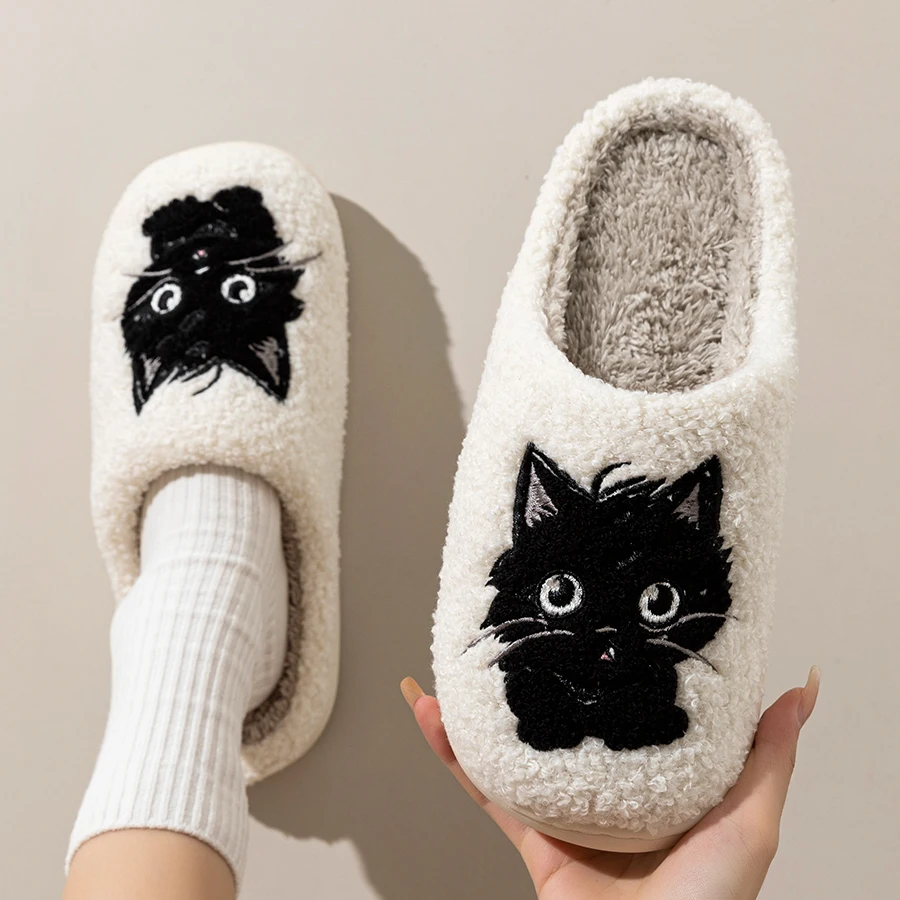 Winter Plush Black Cat Home Slippers — Soft, Warm & Quiet for Cozy Indoor Comfort