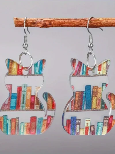 Creative Cat Shape Acrylic Earrings with Fashion Bookshelf Design, For the teacher who grades papers with a cat on their lap.