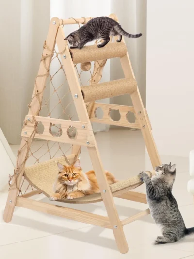 Solid Wood Cat Tree Tower with Sisal Scratching Post Hammock Climbing Net and Toys, Indoor Cat Furniture for Small Medium Cats