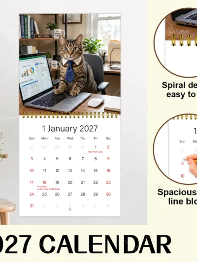 Purrfect 2027 Cat Monthly Planner — Spiral Wall Calendar ⭐