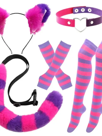 Pink & Purple Cheshire Cat Costume Set, Ears, Tail , Gloves, Socks & Collar