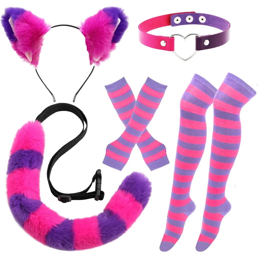 Pink & Purple Cheshire Cat Costume Set, Ears, Tail , Gloves, Socks & Collar