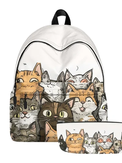 Cute Cartoon Cats Backpack & Pencil Bag Set. Adjustable Straps Lightweight Durable School Bag Travel Daypack
