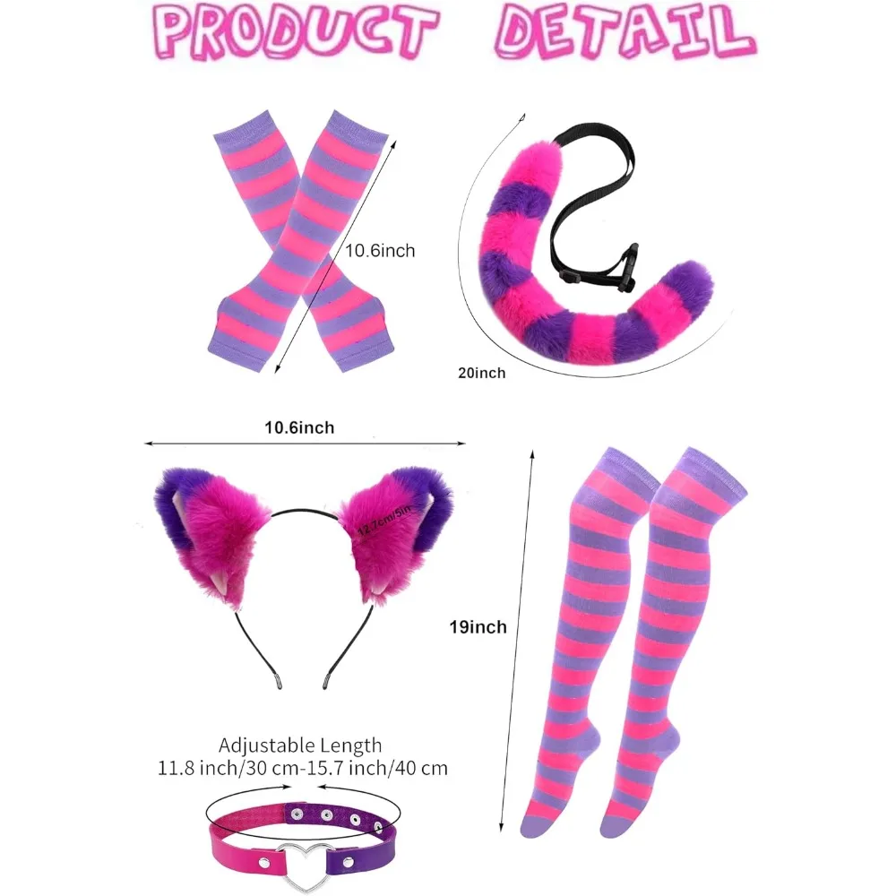 Pink & Purple Cheshire Cat Costume Set, Ears, Tail , Gloves, Socks & Collar - Image 2