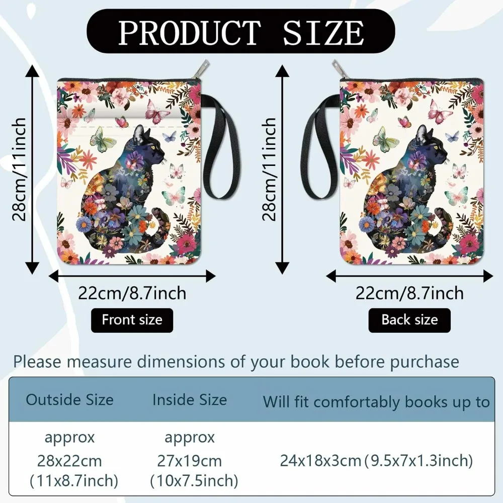 Floral Butterfly Cat Book Sleeve - Washable Cloth Zipper Bag - Image 2