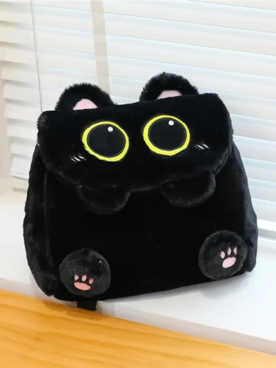 Plush Black Cat Backpack - Cute Kitten School Bag for Teens & Kids