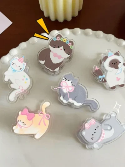 🌟 Kawaii Cat Acrylic Tail Clips — Colorful Stationery Charm for Journals & Notes