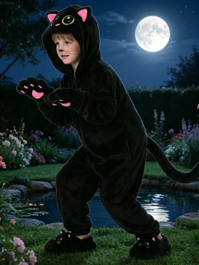 Toddler Hooded Black Cat Onesie.  Warm Halloween Cosplay Jumpsuit for Enfant/Niño/Niña