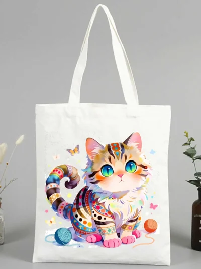 Colorful Cat Canvas Tote -  Artistic Print, Shopping & Day Bag
