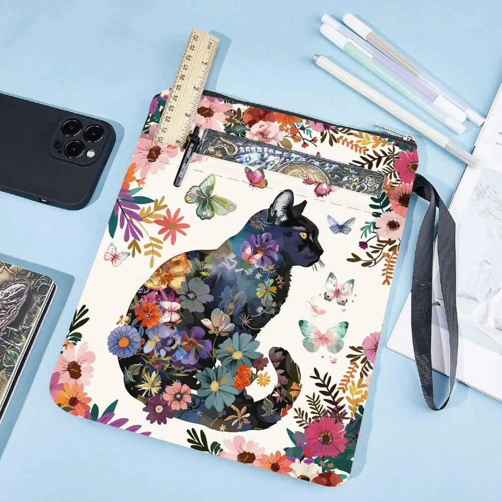 Floral Butterfly Cat Book Sleeve - Washable Cloth Zipper Bag - Image 5