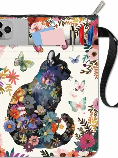 Floral Butterfly Cat Book Sleeve - Washable Cloth Zipper Bag