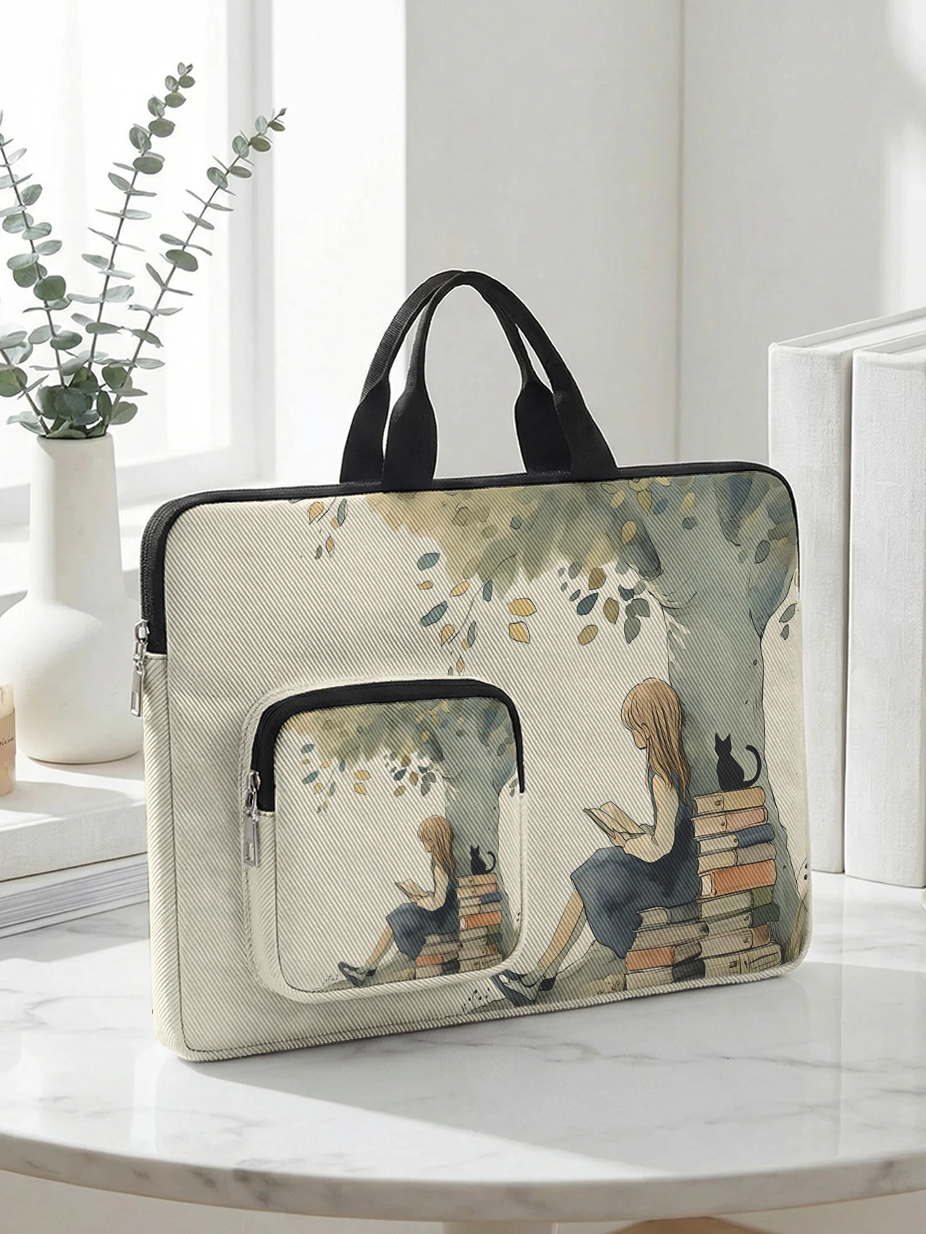 ππββ¬ Reading Girl & Black Cat Shockproof Laptop Bag