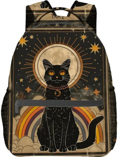 Gothic Black Cat Backpack - Celestial Moon & Tarot Style Laptop Bag