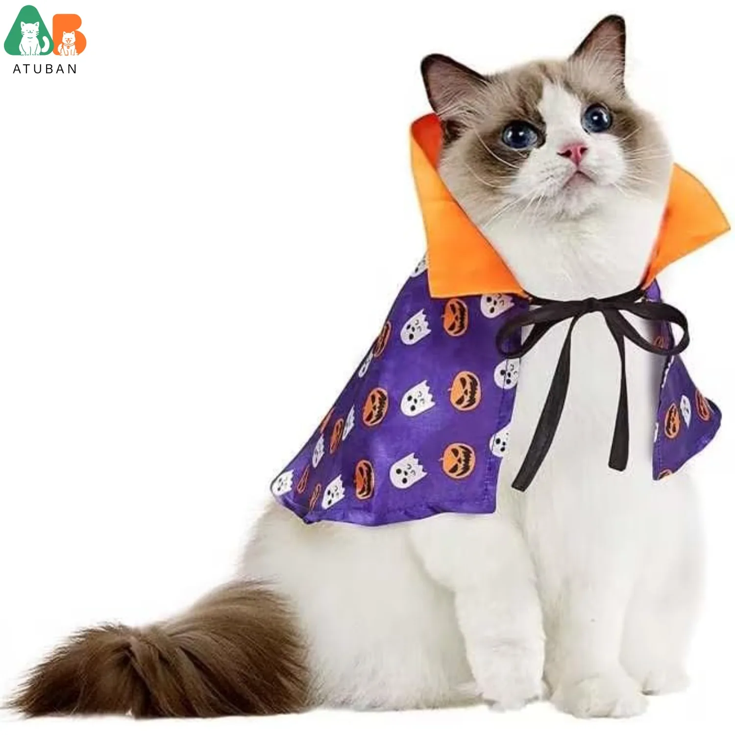 Magical Cat Wizard Cloak, Halloween Pumpkin Ghost Cape for Kitties.