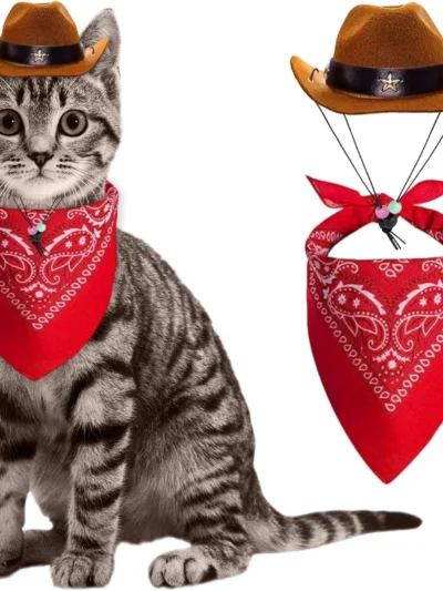 Lil' Sheriff Kitty Cowboy Set.  Mini Cowboy Hat + Red Bandana for Party & Cosplay