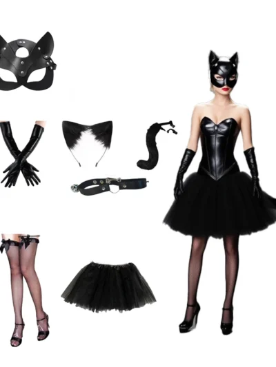 Black Cat Masquerade Costume Set.  Lace Ears, Mask, Gloves, Tail & Choker