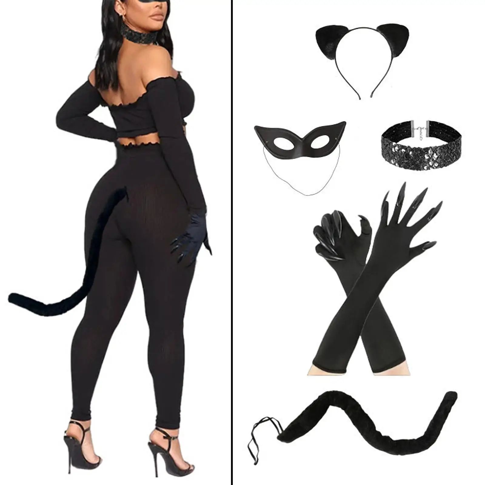 Black Cat Cosplay Set. Ears & Tail Costume Accessories for Women