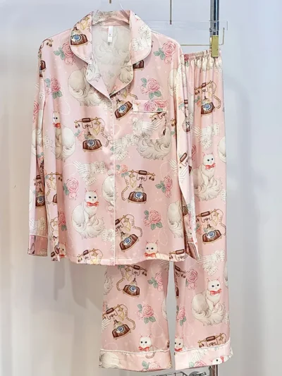⭐ Pink Ice‑Silk Sweet Cat Pajama Set (2‑Piece)