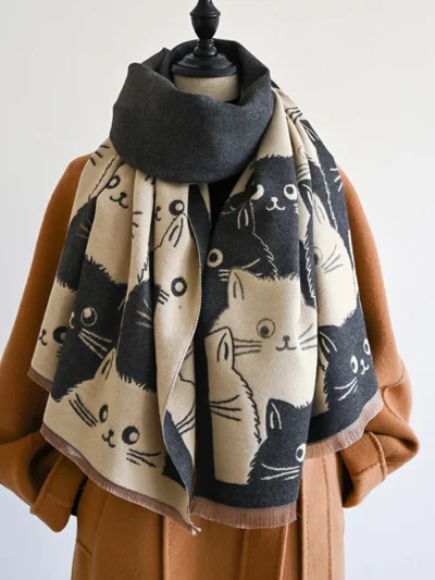 ⭐ Jacquard Cat Pashmina Winter Scarf (Thick & Cozy)