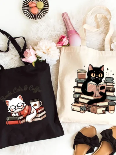 ⭐ Cat & Book Lover Reusable Canvas Bag