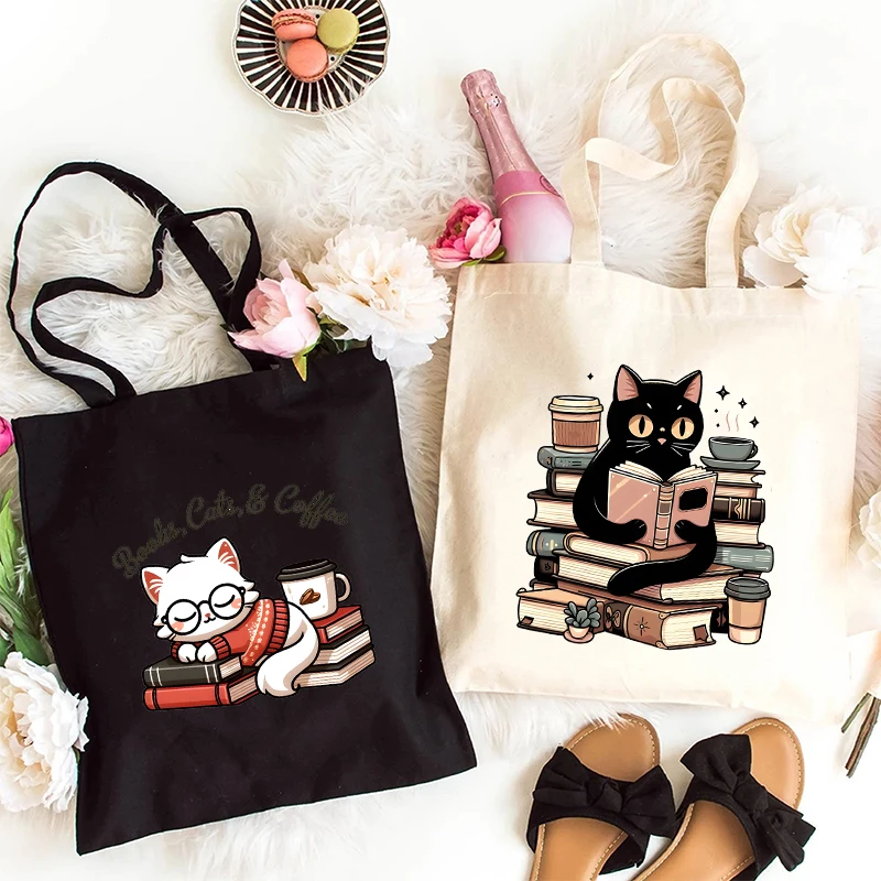 ⭐ Cat & Book Lover Reusable Canvas Bag
