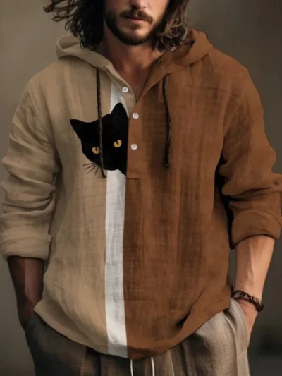 ⭐ Men’s Fun Cat‑Print Holiday Hooded Shirt