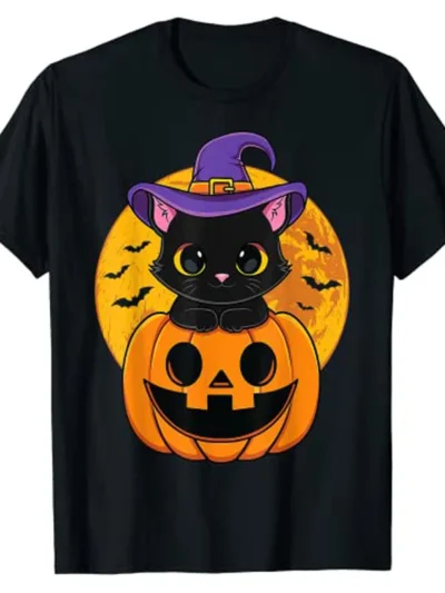 ⭐ Cute Halloween Black Cat Witch Hat Tee (Kids & Adults)