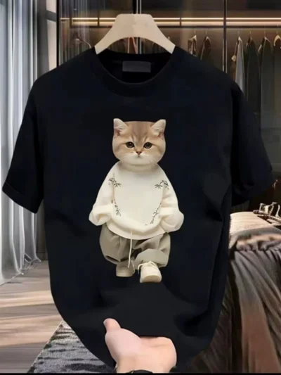 ⭐ Men’s 5XL Cotton Cat Graphic Shirt  ⭐ Men’s Fitted Cotton Anime Cat T‑Shirt