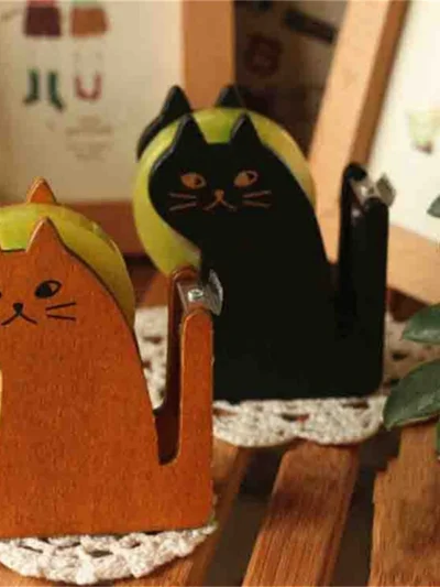 Kawaii Cute cat wooden tape Dispenser - Cute Desk Tape Holder for School & Office