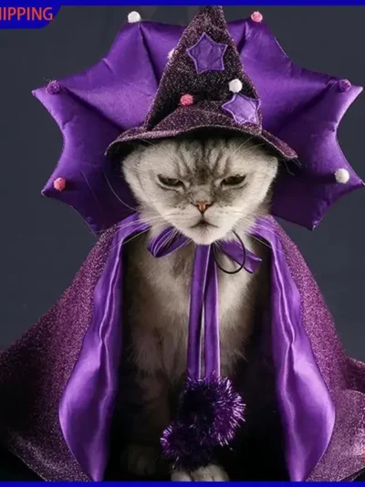 ⭐Halloween Wizard Pet Costume – Magical Cloak & Hat for Cats & Dogs