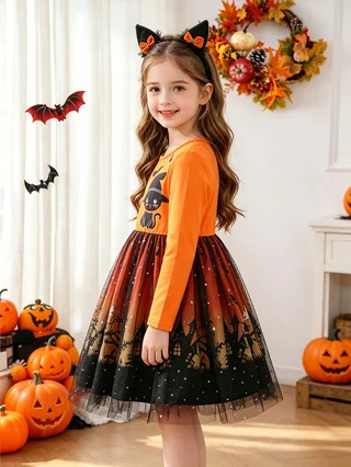 ⭐ Halloween Long‑Sleeve Cat & Bat Print Dress – Castle Tulle Puffy Skirt for Girls - Image 4