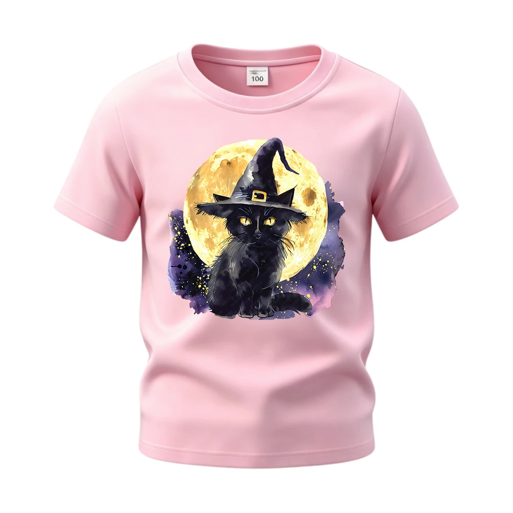 ⭐ Witch Cat Print Short‑Sleeve Shirt – Soft Cotton Halloween Tee for Children - Image 6