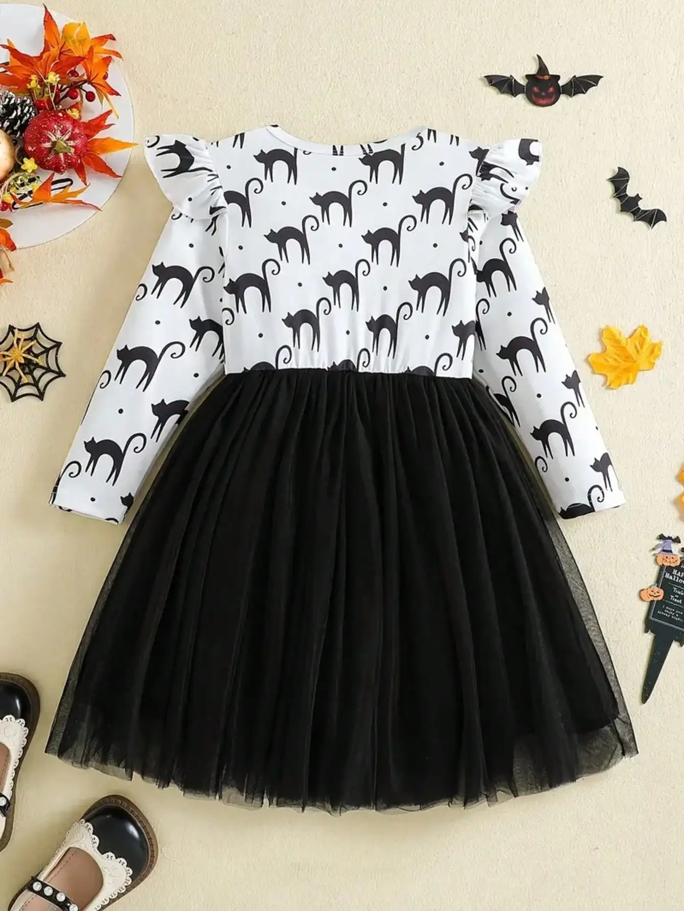 ⭐ Cute Black Cat Long‑Sleeve Chiffon Dress – Big Eyes Yarn Skirt for Girls - Image 2