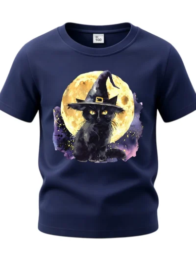 ⭐ Witch Cat Print Short‑Sleeve Shirt – Soft Cotton Halloween Tee for Children