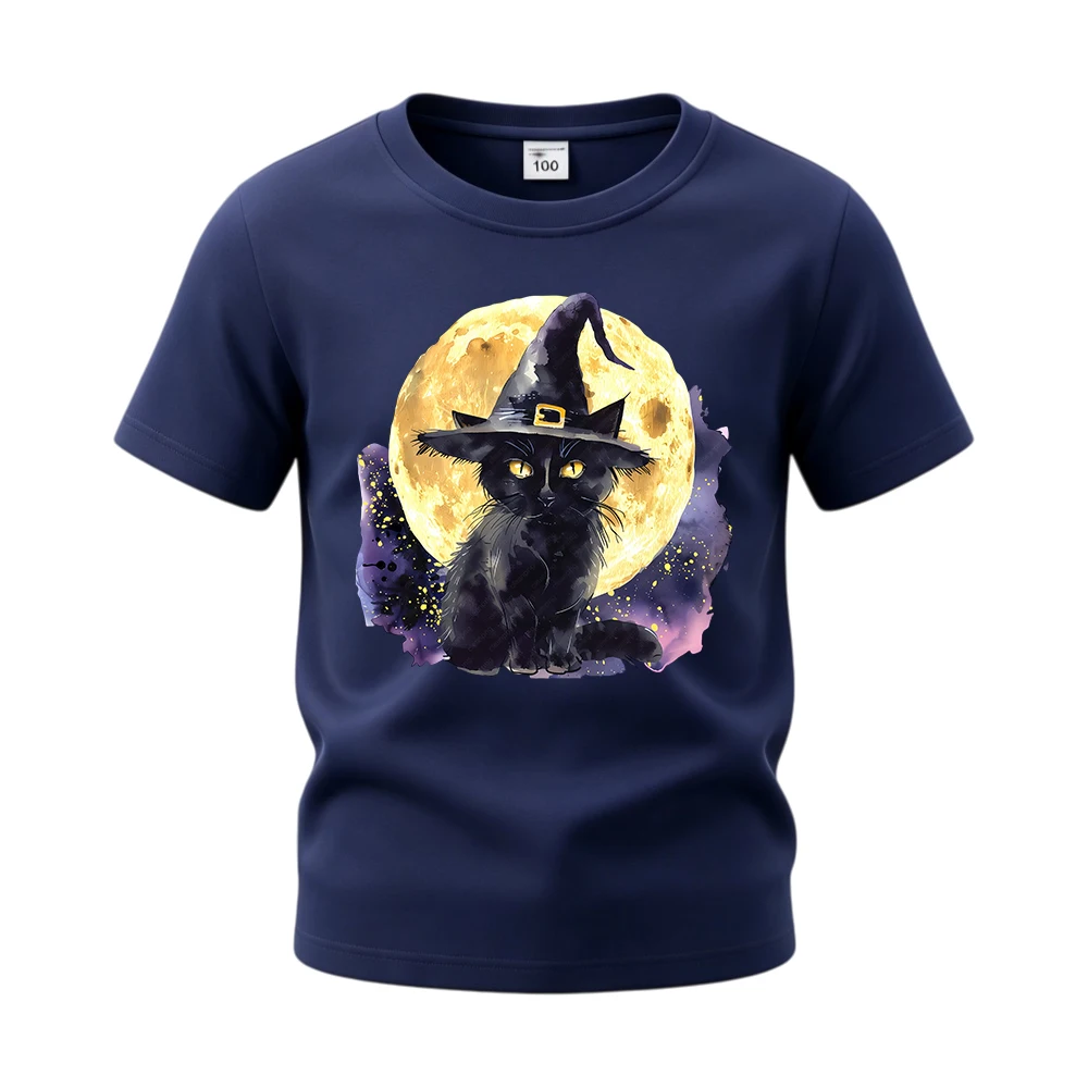 ⭐ Witch Cat Print Short‑Sleeve Shirt – Soft Cotton Halloween Tee for Children