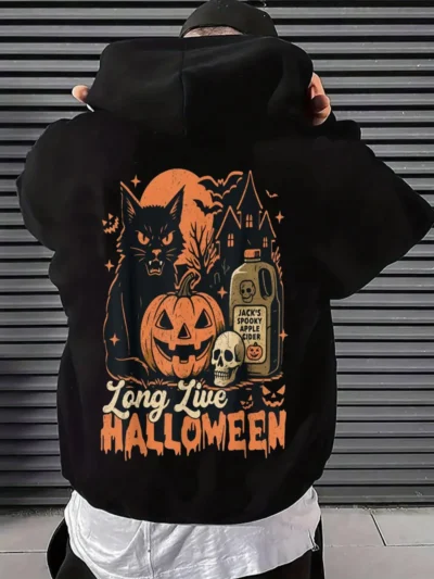 ⭐ Halloween Back‑Print Hoodie for Men – Cat, Pumpkin & Skull Graphic Pullover Sweatshirt