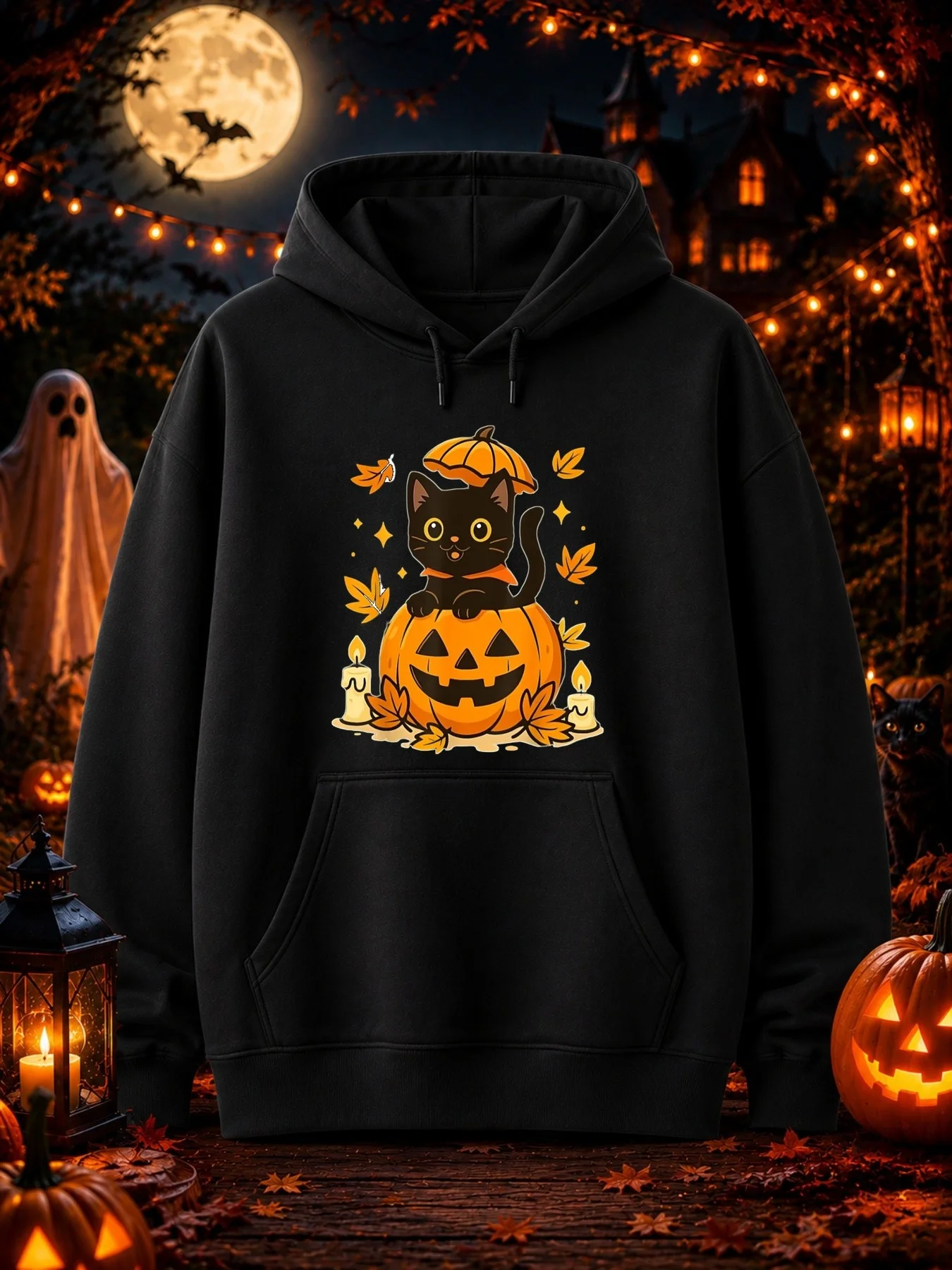 ⭐ Halloween Black Cat & Pumpkin Hoodie – Loose Fit Cartoon Graphic Streetwear - Image 2