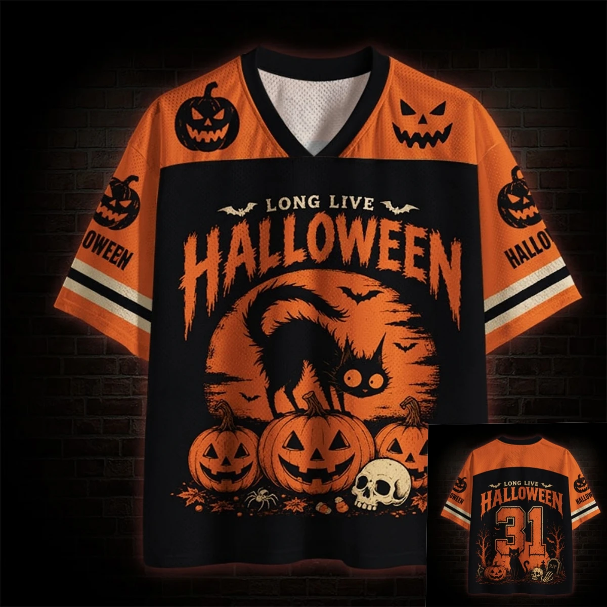 ⭐ Halloween Retro Gothic Cat Jersey – Vintage Pumpkin & Skull Graphic - Image 17