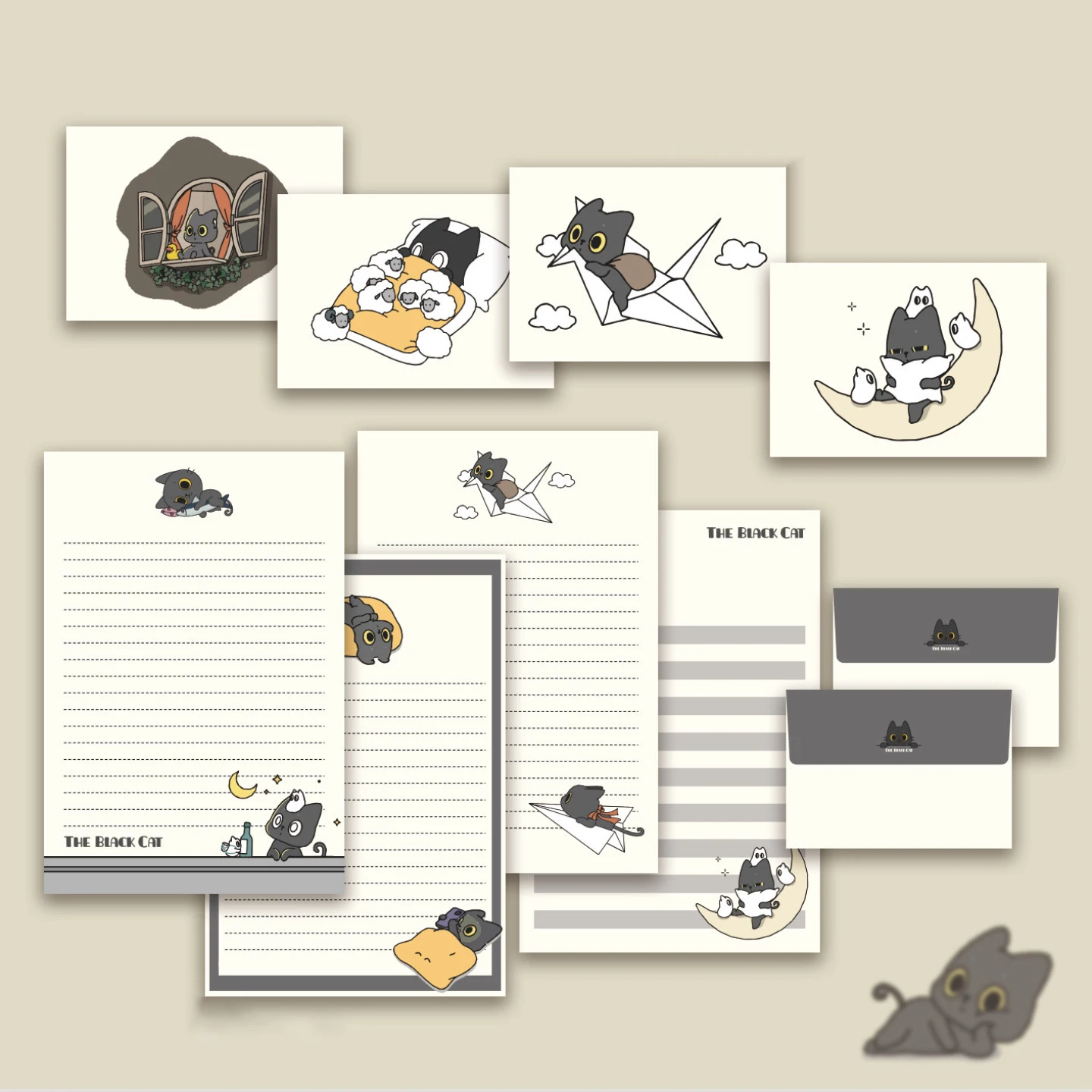 ⭐ Tiny Black Cat Paper & Envelope Set – Cute Stationery for Letters