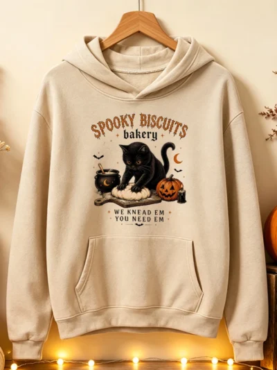 ⭐ Halloween Black Cat & Pumpkin Hoodie – “We Knead ’Em, You Need ’Em” Fall Pullover