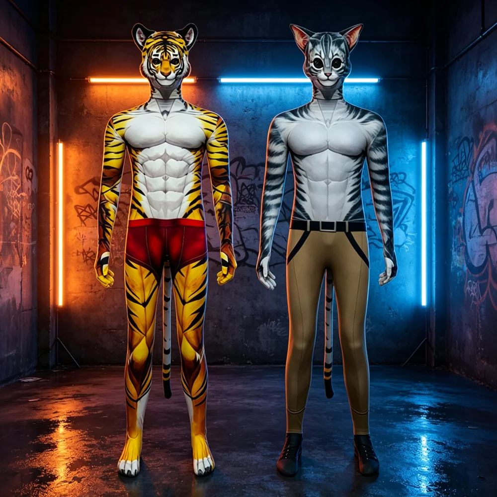 ⭐ Furry Tiger Muscle Zentai Suit – Full Cat Body Jumpsuit with Head & Tail - Image 9